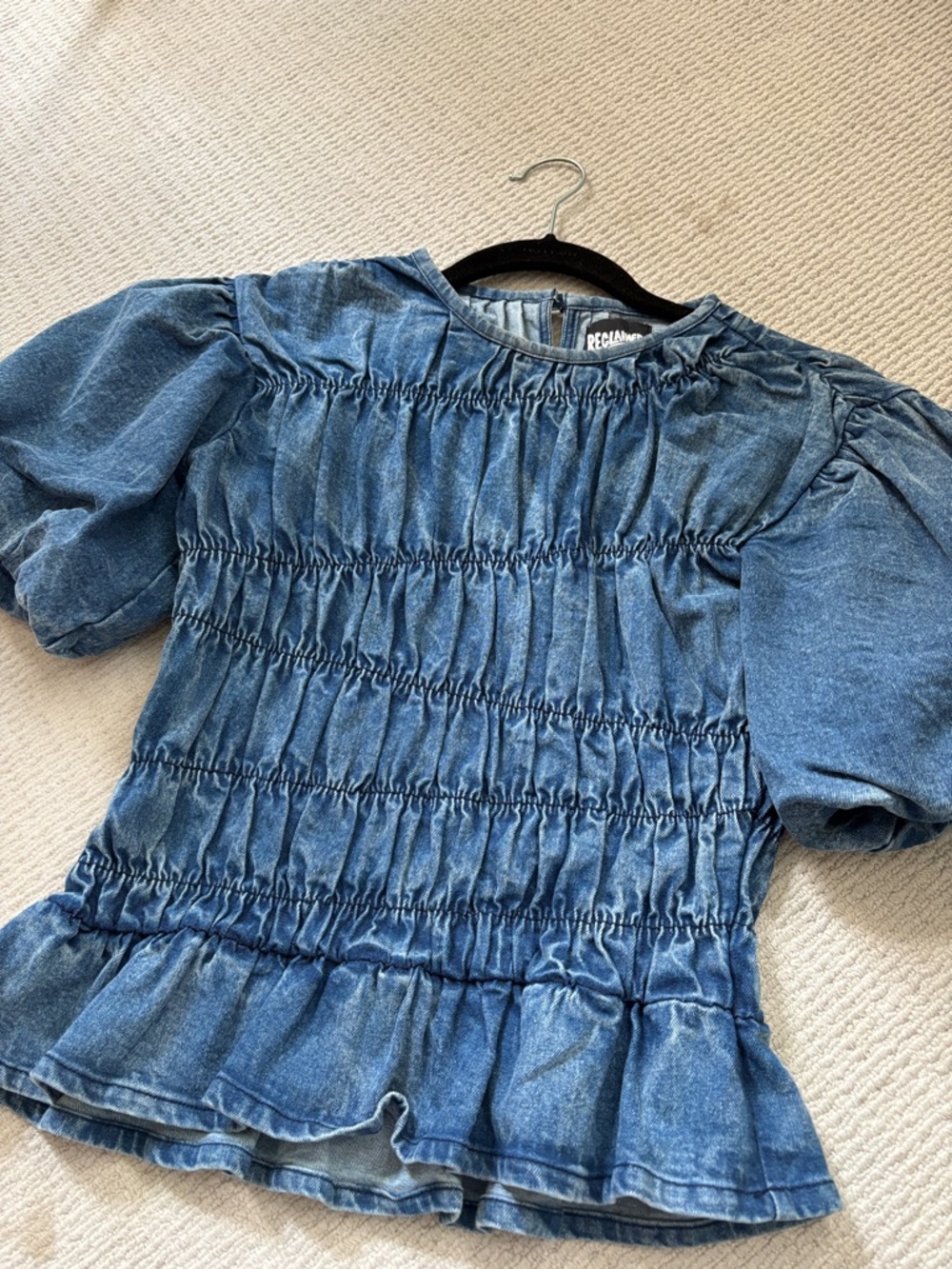 Reclaimed Vintage Blue Denim Puff-Sleeve Shirred Top - Picture 3 of 13